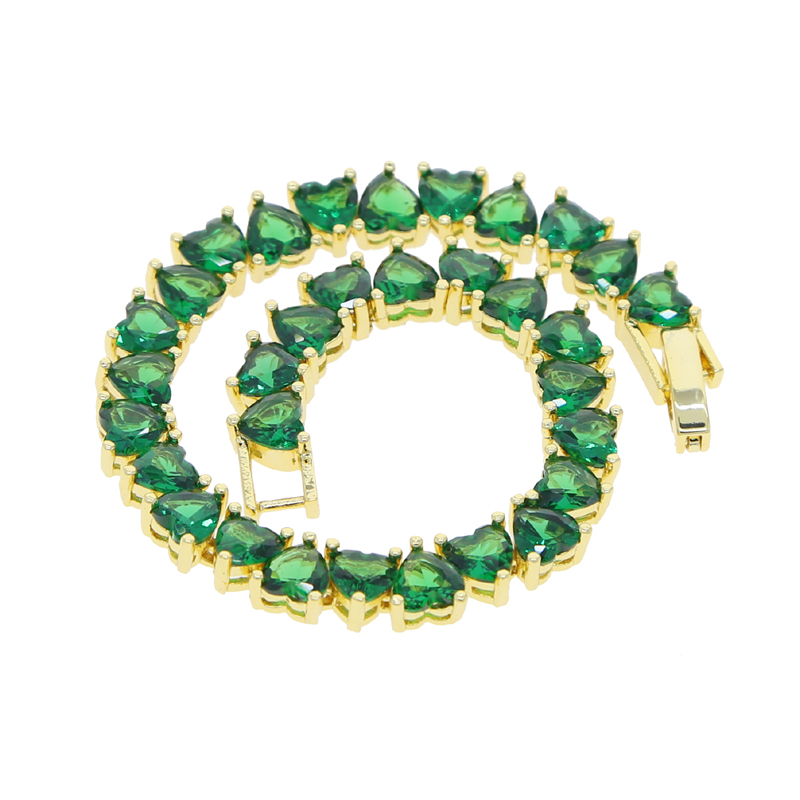 Gold Plated Tennis Chain Heart Bangle Bracelet for Women - Cubic Zirconia, Pink Green White, Party Gift, South American Style