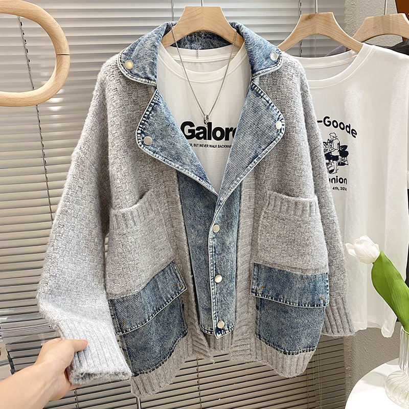 Women's Jackets 2023 Autumn Winter Women Splicing Denim Jacket Long Sleeve Jean Female Loose Sweater Cardigan 230919