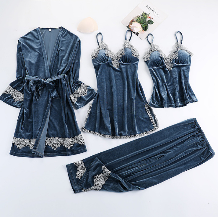 Floral Trim Sexy Women Velvet 3PCS Sleepwear Autumn Winter Warm Pajama Pyjama Set Solid Colar Nightwear Soft Home Wear M-XL
