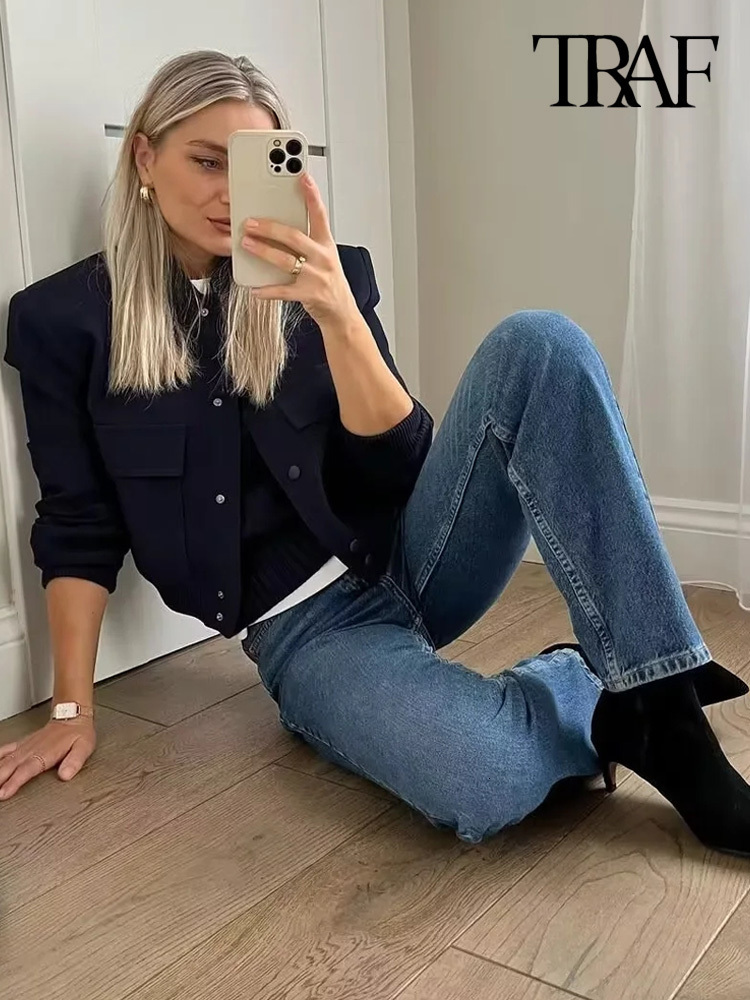 Women's Jackets TRAF Women Fashion With Pockets Bomber Jacket Coats Vintage Long Sleeve Front Button Casual Female Outerwear Chic Tops 230919