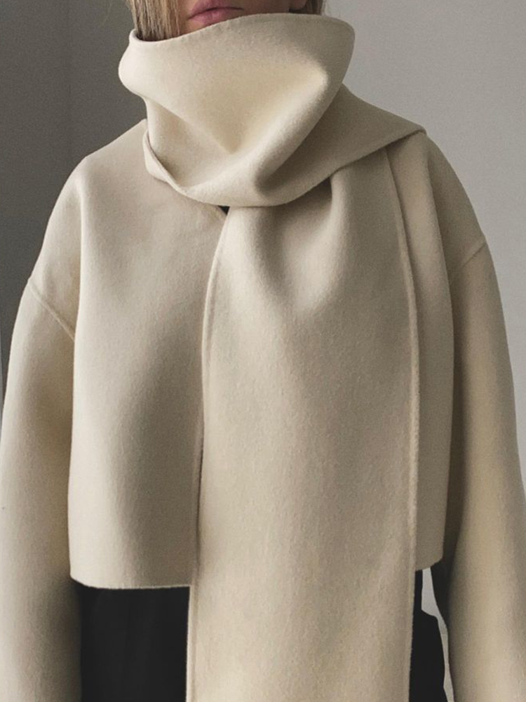 Women's Jackets Autumn Scarf Short Beige Coat Women Patchwork Long Sleeve Loose Female Cardigan Elegant Double Sided Chic Streetwear 230919