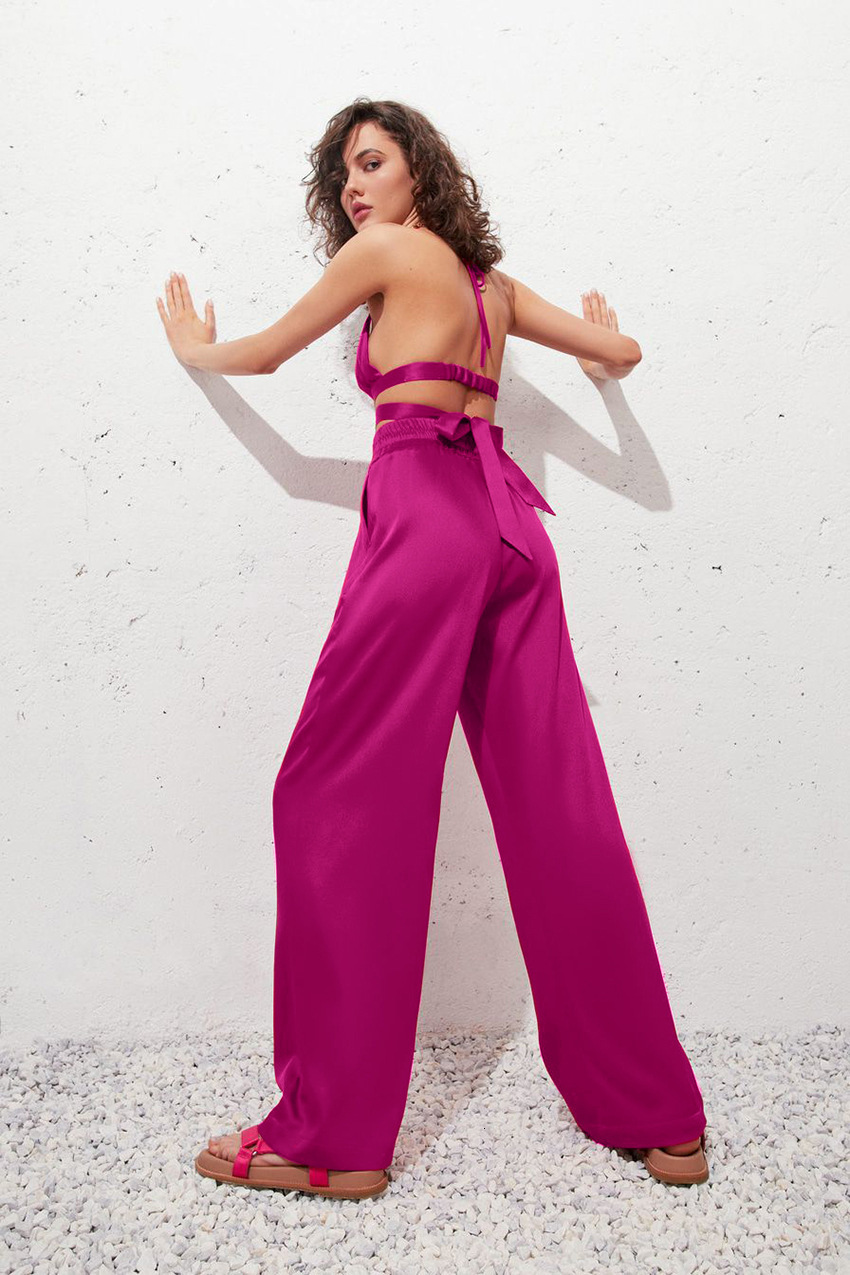 Womens Two Piece Pants eDressU 3PCS Pink Women Satin Blazer Jacket High Quality Long Trousers Office Elegant Sexy Halter Vest Tops Skirt SJY9939 23092