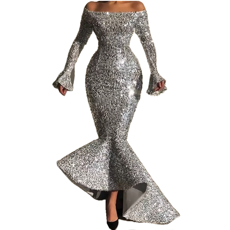 Glitter Sequined Mermaid Prom Dresses Long Sleeves Bateau Neck Elegant Formal Party Gowns Siver Special Occasion Dress For Women Brithday Party Robe D