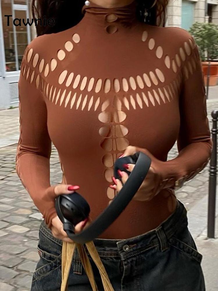 Women's Jumpsuits Rompers Tawnie Solid Hollow Out Turtleneck Bodysuit Women Fall Sexy Bodycon Long Sleeve Body Top Streetwear Skinny Rompers Outf