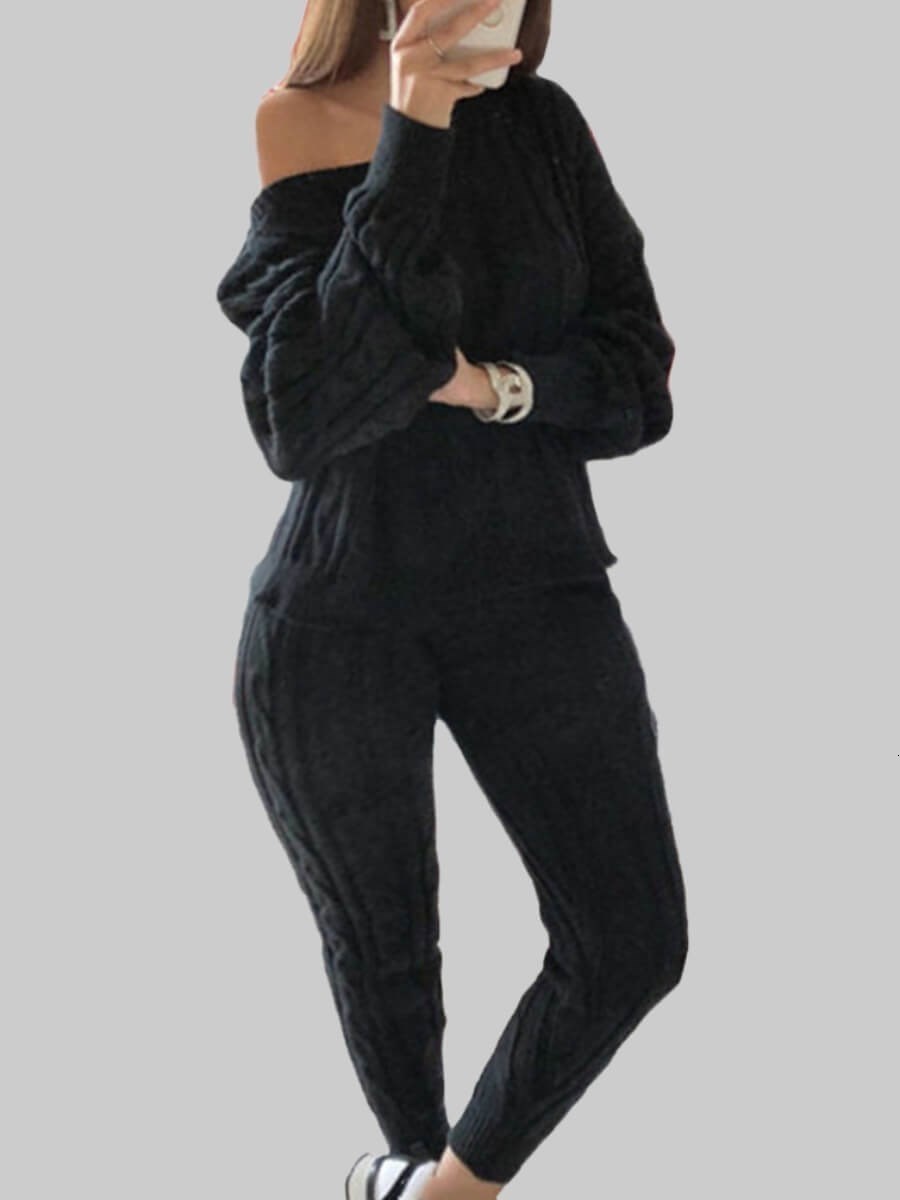 Plus size Dresses LW Size Dropped Shoulder Knit Pants Set Women's Long Sleeve Knitted Casual Twopiece Sweater Top Thick Sweaters 230919