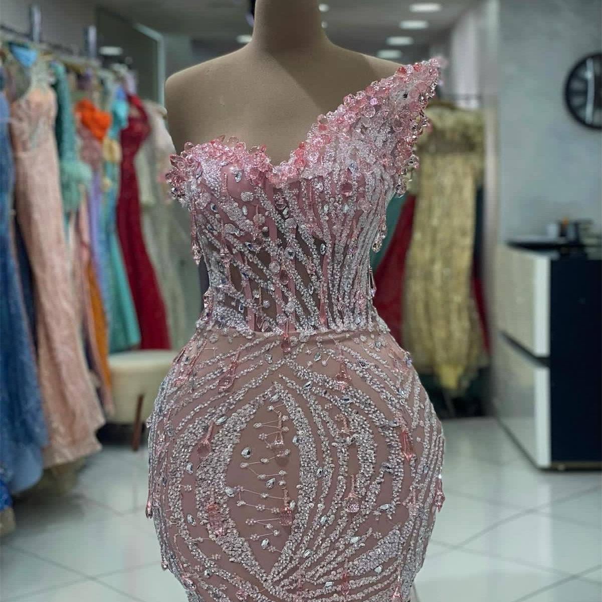 Arabic Mermaid Pink Ebi Aso Prom Dress Crystals Beaded Evening Formal Party Second Reception Birthday Engagement Gowns Dresses Robe De Soiree Zj Es 66