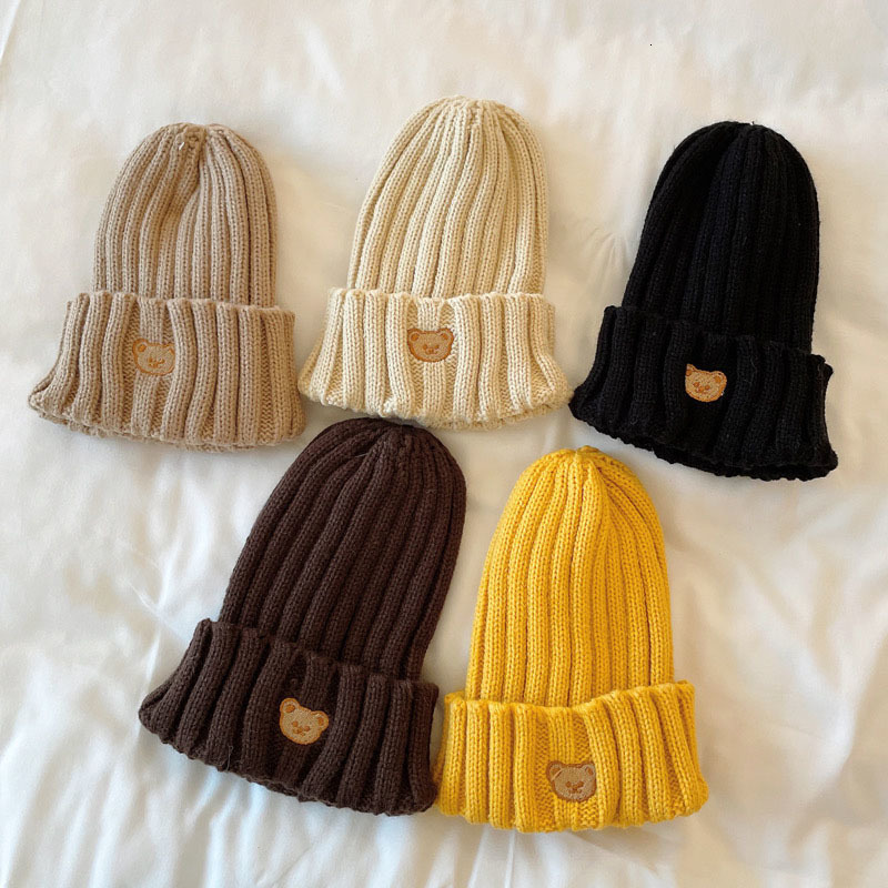 Caps Hats Korea Spring Autumn Kids Boys Hat Candy Color Knit Girls Bear Head Embroidery Knitted 230919