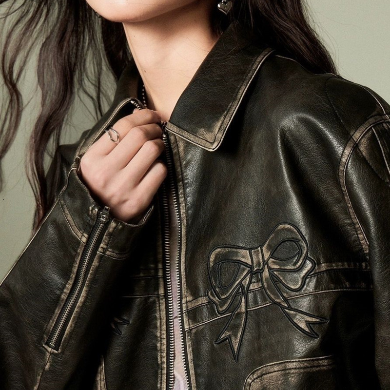 Women's Jackets Bow Y2k Motorcycle PU Leather Jacket Female Autumn Fashion Zipper Poloneck Sweet Cool Personal Street Vintage Oversize Coat Top 2