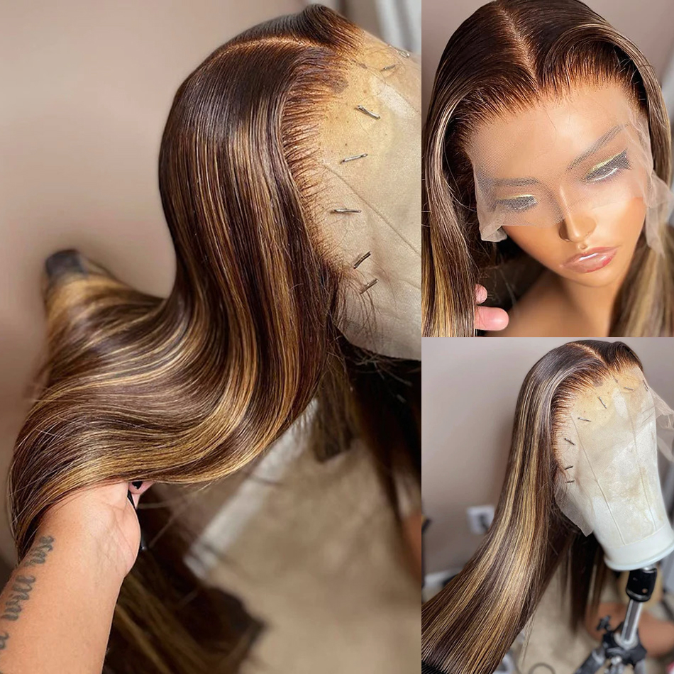 Brazilian HD Highlight Wig Human Hair Glueless Wig Ombre Straight Lace Front Wig Honey Blonde Colored Wear and Go Glueless Wigs for Women