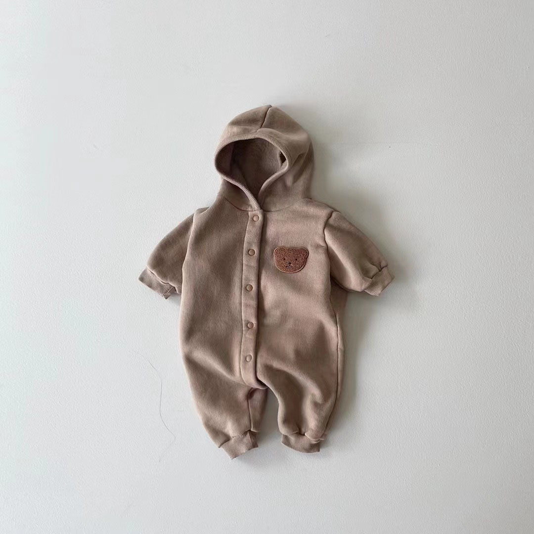 Rompers Winter Baby Long Sleeve Hooded Romper Boy Girl born Plus Velvet Thick Jumpsuit Infant Fleece Warm Clothes 024M 230919
