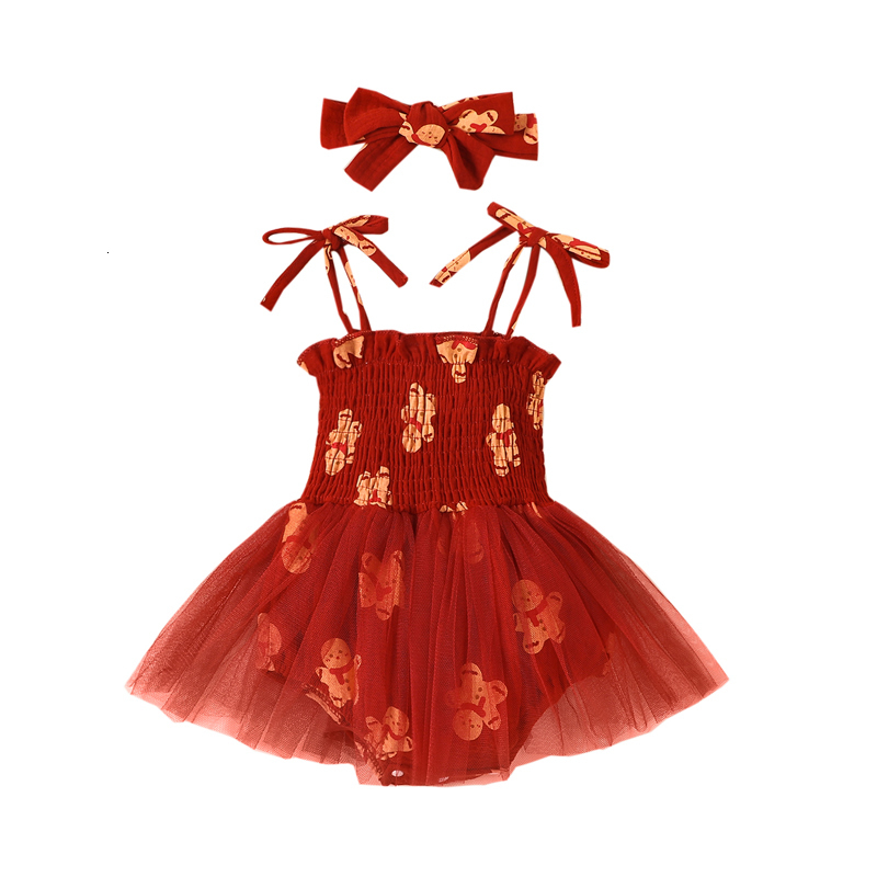 Rompers 0824 Lioraitiin 024M Baby Girl Christmas Sleeveless Gingerbread Man Tulle Patchwork Romper Dress with Hairband 230919