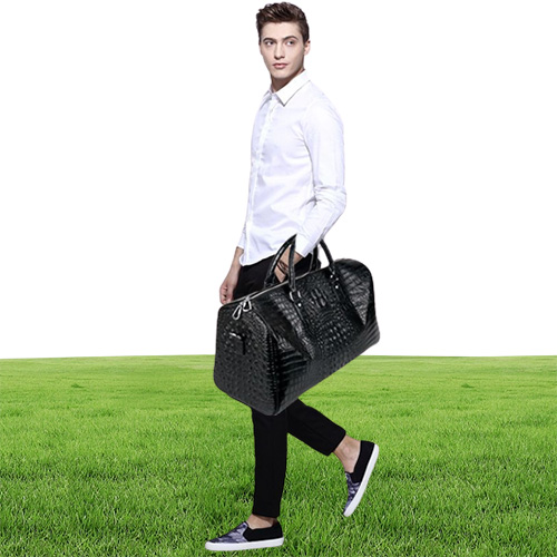 Male Genuine Leather Travel Bag Large Crocodile pattern Big Fitness Handbag Luggage Drums Shoulder Business computer Bags Black Me