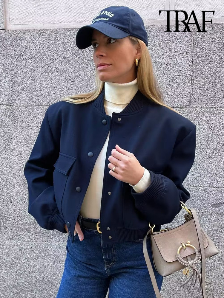 Women's Jackets TRAF Women Fashion With Pockets Bomber Jacket Coats Vintage Long Sleeve Front Button Casual Female Outerwear Chic Tops 230919