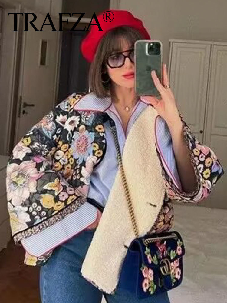 Women's Jackets TRAFZA Women Fashion Flower Quilted Jacket Loose Casual Button Long Sleeve Cotton Coat Autumn Female Elegant Floral Outerwear 230