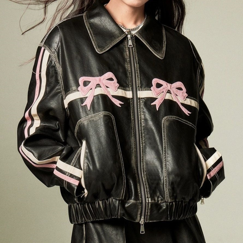 Women's Jackets Bow Y2k Motorcycle PU Leather Jacket Female Autumn Fashion Zipper Poloneck Sweet Cool Personal Street Vintage Oversize Coat Top 2