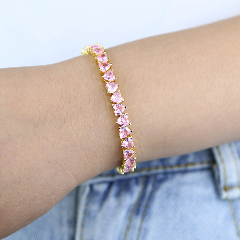 Gold Plated Tennis Chain Heart Bangle Bracelet for Women - Cubic Zirconia, Pink Green White, Party Gift, South American Style