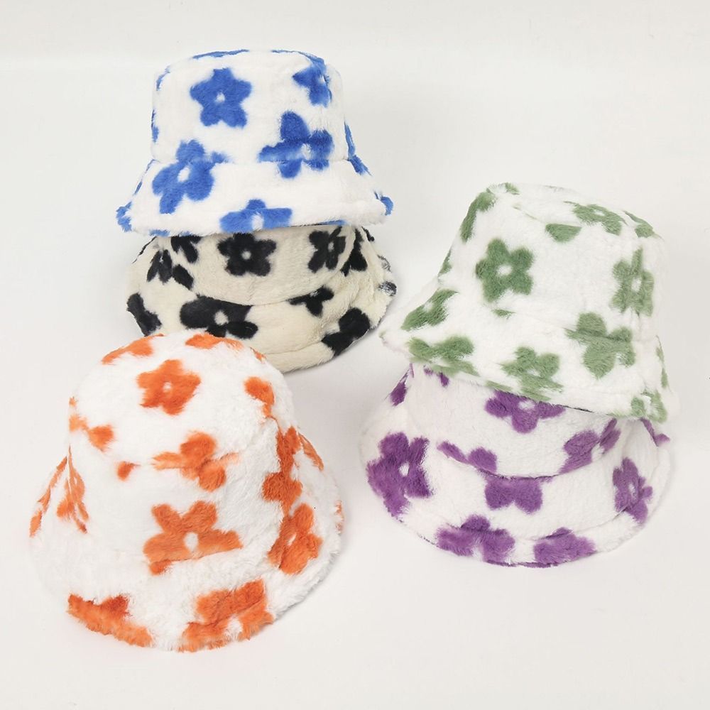 Wide Brim Hats Bucket Warm Hat Women s Autumn Winter Cap Flower Rabbit Fur Fisherman s Retro Knitted Wool Basin Gifts 230919