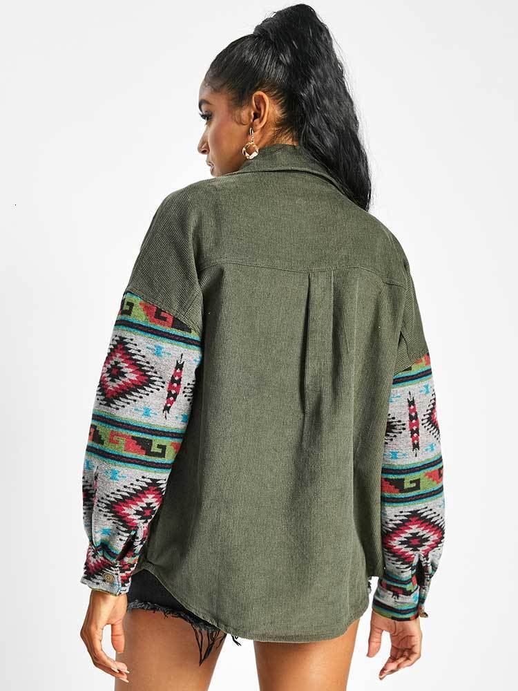 Women's Jackets Jacket for Women Corduroy Long Sleeves Shacket Ethnic Aztec Print Shirt Fall Winter Streetwear Outerwear 230919