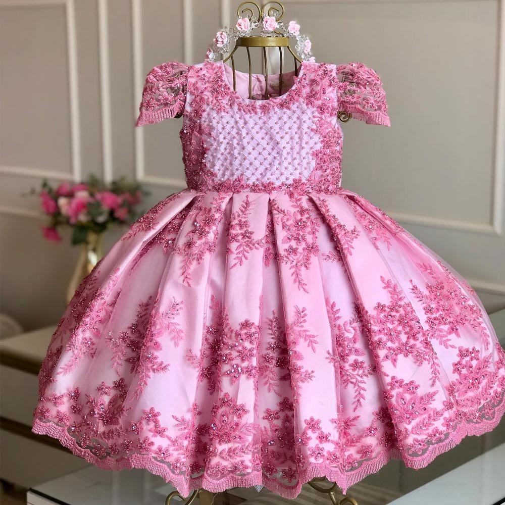 Beaded Backless Flower Girl Dresses For Wedding With Big Bow Lace Appliqued Toddler Pageant Gowns Tulle Floor Length Ball Gown Kids Birthday Dress 415