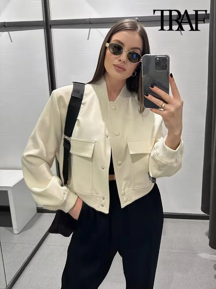 Women's Jackets TRAF Women Fashion With Pockets Bomber Jacket Coats Vintage Long Sleeve Front Button Casual Female Outerwear Chic Tops 230919