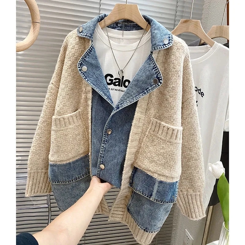 Women's Jackets 2023 Autumn Winter Women Splicing Denim Jacket Long Sleeve Jean Female Loose Sweater Cardigan 230919