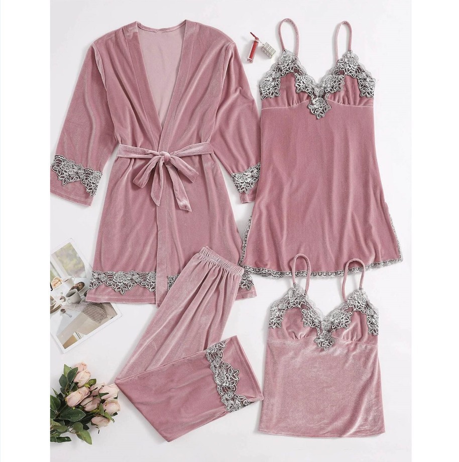 Floral Trim Sexy Women Velvet 3PCS Sleepwear Autumn Winter Warm Pajama Pyjama Set Solid Colar Nightwear Soft Home Wear M-XL