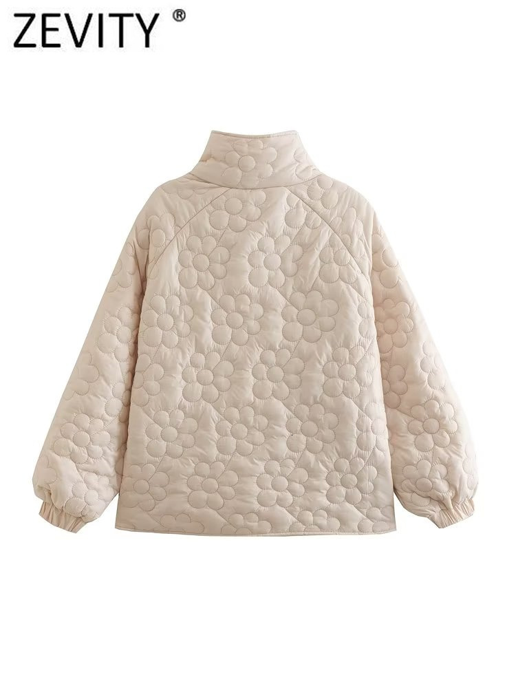 Women's Down Parkas ZEVITY Women Fashion Stand Collar Flower Pattern Cotton Padded Jacket Coat Female Pockets Outerwear Chic Button Tops CT2761 2