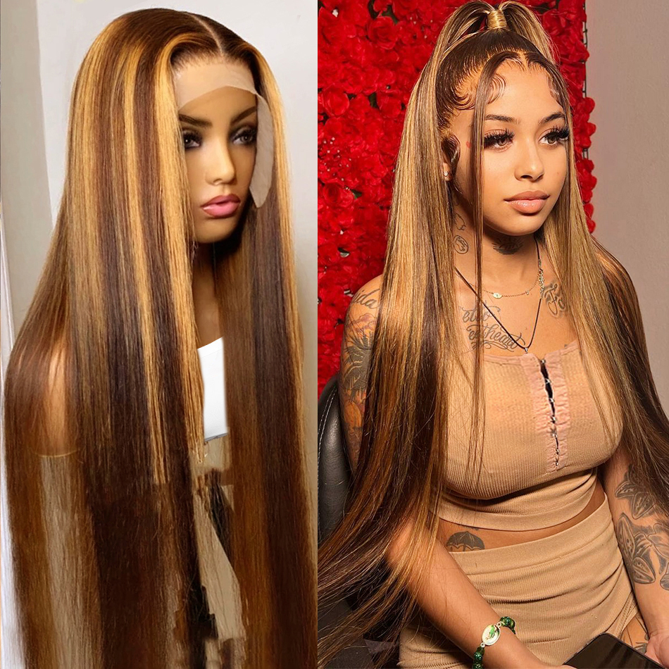 Brazilian Highlight Brown Straight Front Human Hair For Women Lace Closure Wig Pre Plucked Honey Blonde Colored Cheap Wigs
