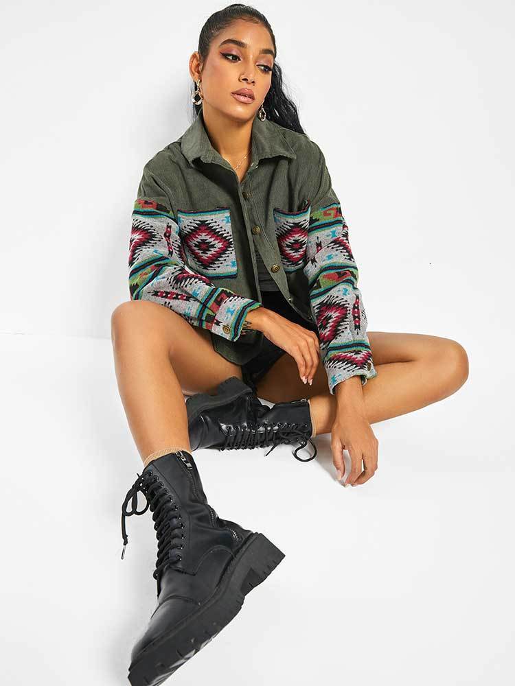 Women's Jackets Jacket for Women Corduroy Long Sleeves Shacket Ethnic Aztec Print Shirt Fall Winter Streetwear Outerwear 230919