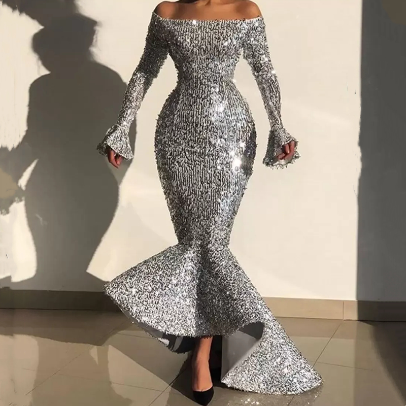 Glitter Sequined Mermaid Prom Dresses Long Sleeves Bateau Neck Elegant Formal Party Gowns Siver Special Occasion Dress For Women Brithday Party Robe D
