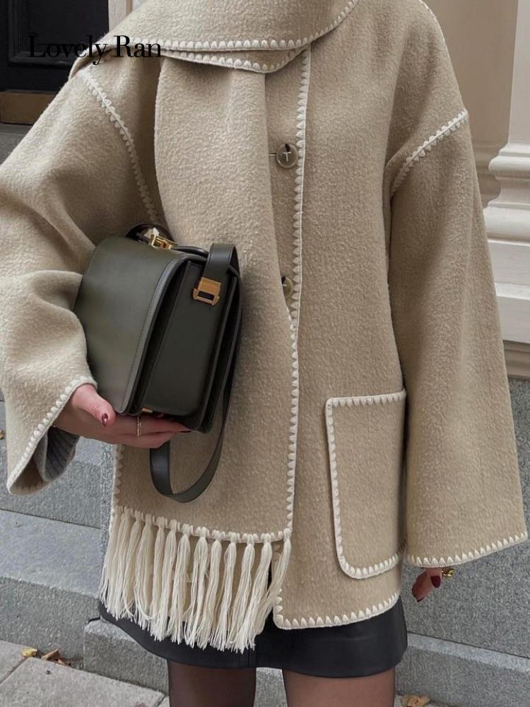 Women's Jackets Woolen Jacket Women Autumn Patchwork Tassel Scarf Single Breasted Pocket Coats Casual Fashion Long Sleeve Loose Top Streetwear 23