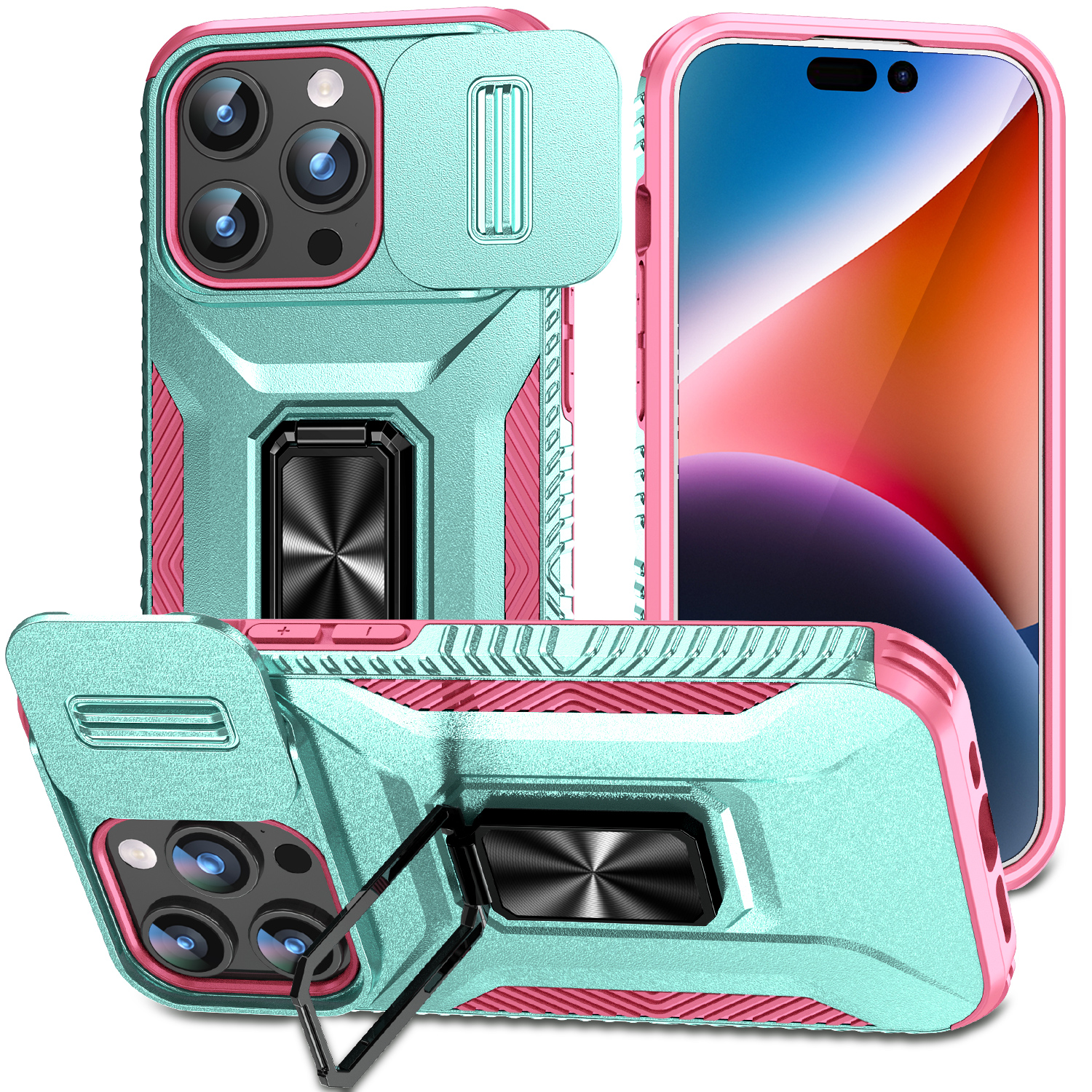 Reaper Rugged Armor Case Slide Camera Ring Stand Cover For iPhone 16e 16 15 14 13 12 11 Pro Max Samsung S25 Edge S23 FE S24 Ultra A06 A16 A26 A36 A56 