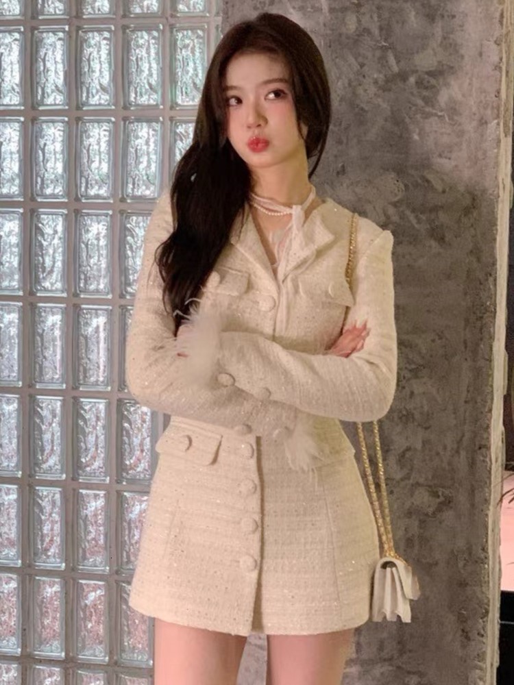 Women's Suits Blazers Elegant Solid Long Blazer Coat Women Single Breasted Vneck Autumn Winter Evening Party Dress Feathers Korean Chic Outerwear