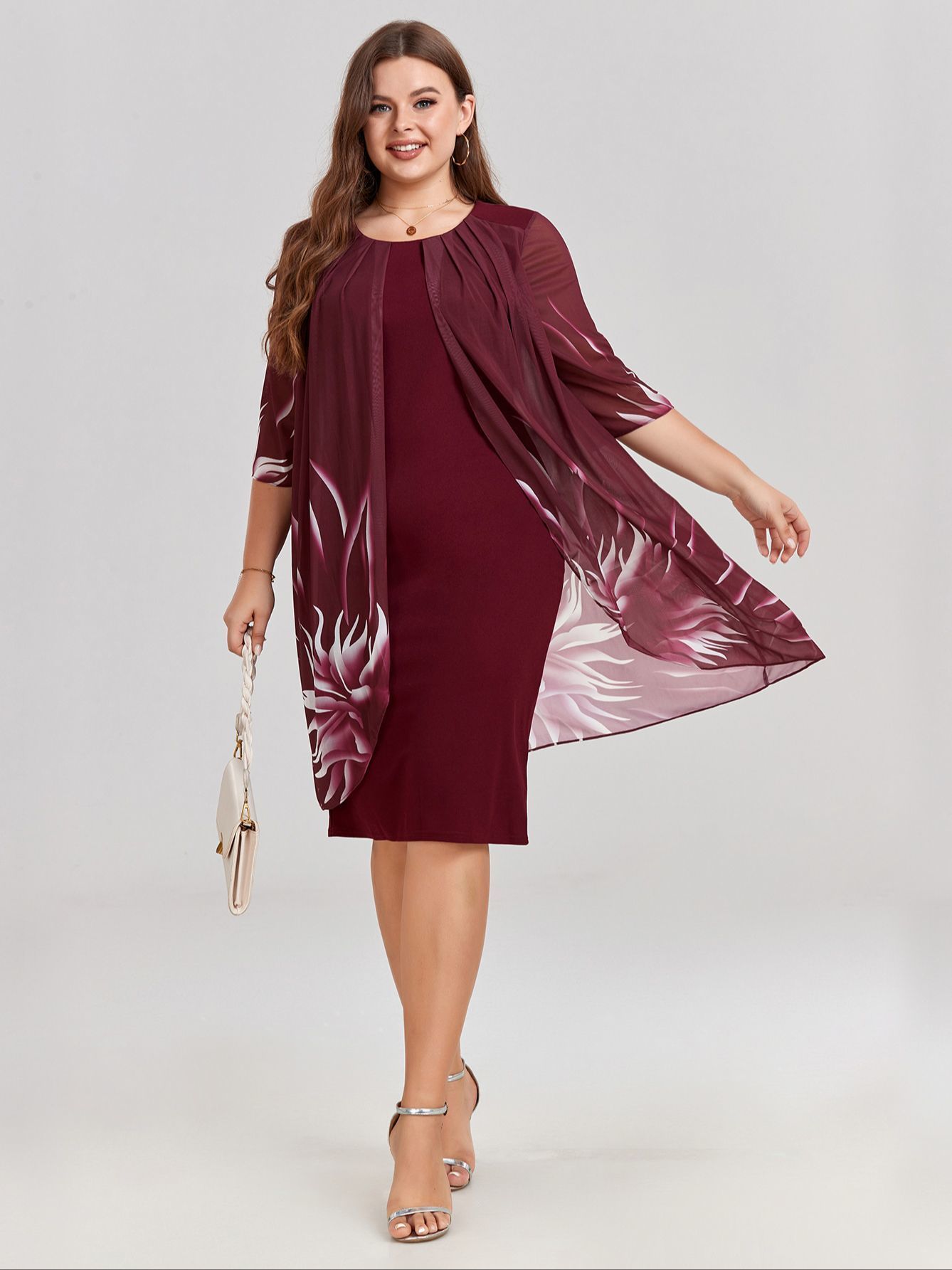 Plus size Dresses Size Dress for Women Elegant Burgundy Mesh Printed Irregular Slim 2023 Summer Casual Evening Party 2XL 3XL 4XL 230920