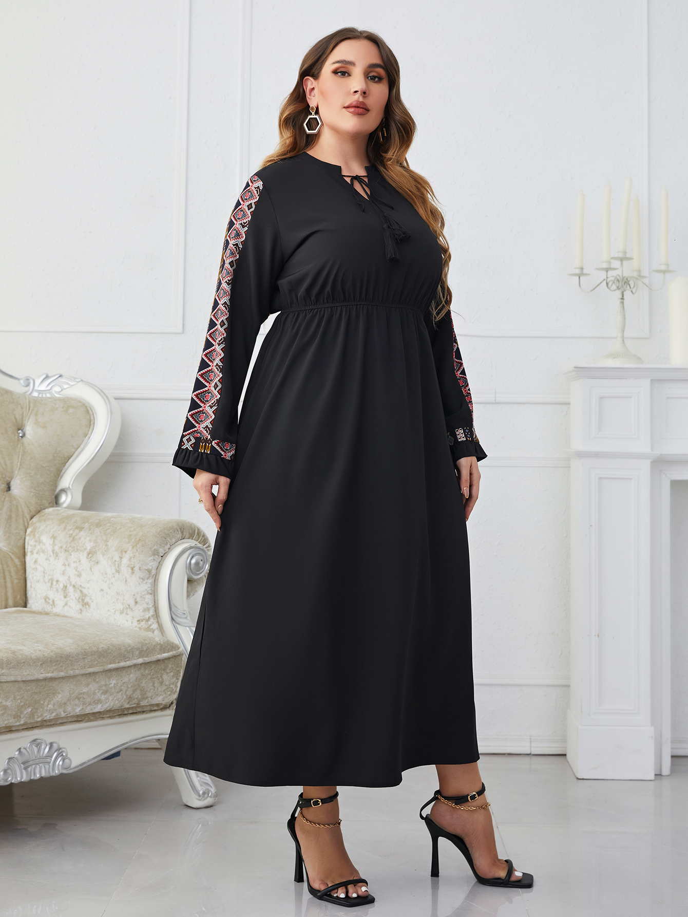 Plus size Dresses Size Tassel Tie Neck Casual Maxi Dres 2023 Spring Autumn Fashion Party Long Sleeve Female Elastic ALine 230920