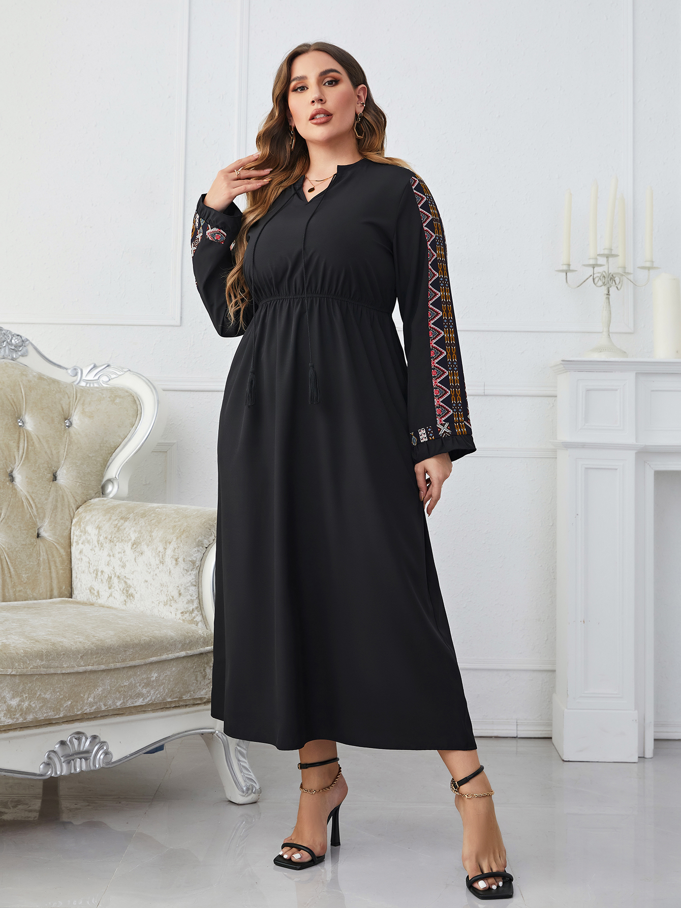 Plus size Dresses Size Tassel Tie Neck Casual Maxi Dres 2023 Spring Autumn Fashion Party Long Sleeve Female Elastic ALine 230920