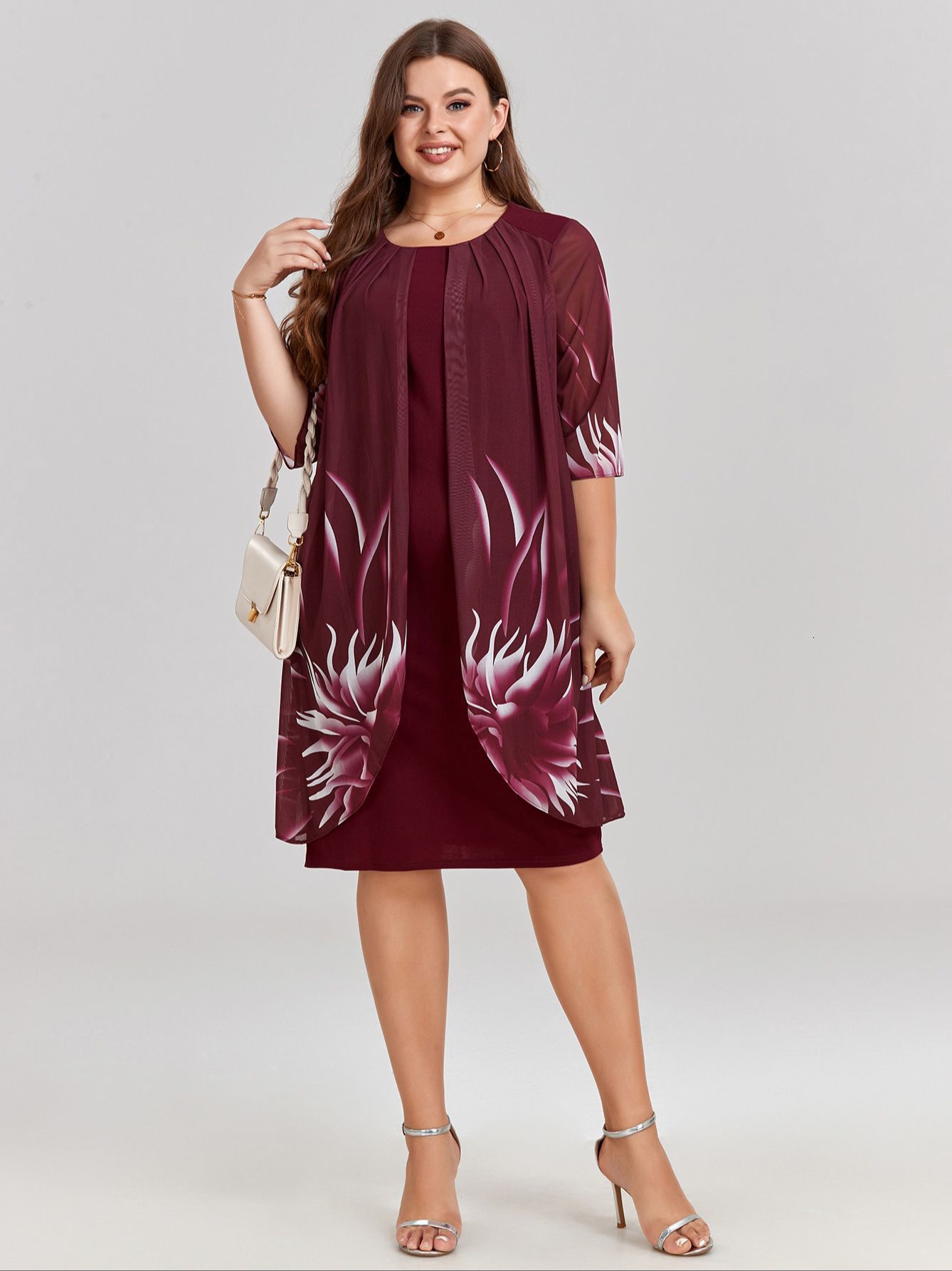 Plus size Dresses Size Dress for Women Elegant Burgundy Mesh Printed Irregular Slim 2023 Summer Casual Evening Party 2XL 3XL 4XL 230920