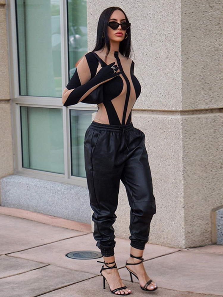 Womens Jumpsuits Rompers Transparent Mesh Patchwork Sexy Bodysuit Women ONeck Long Sleeve Body Top With Gloves Tight Fitting Woman Rave Club Outfits 2