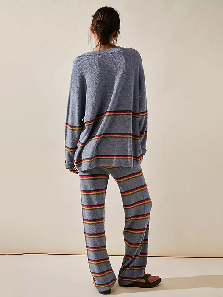 Womens Two Piece Pants Casual Striped Sweater Suit Autumn Oneck Long Sleeve Loose Pullovers 2 Set Drawstring Trousers Outfits 230920