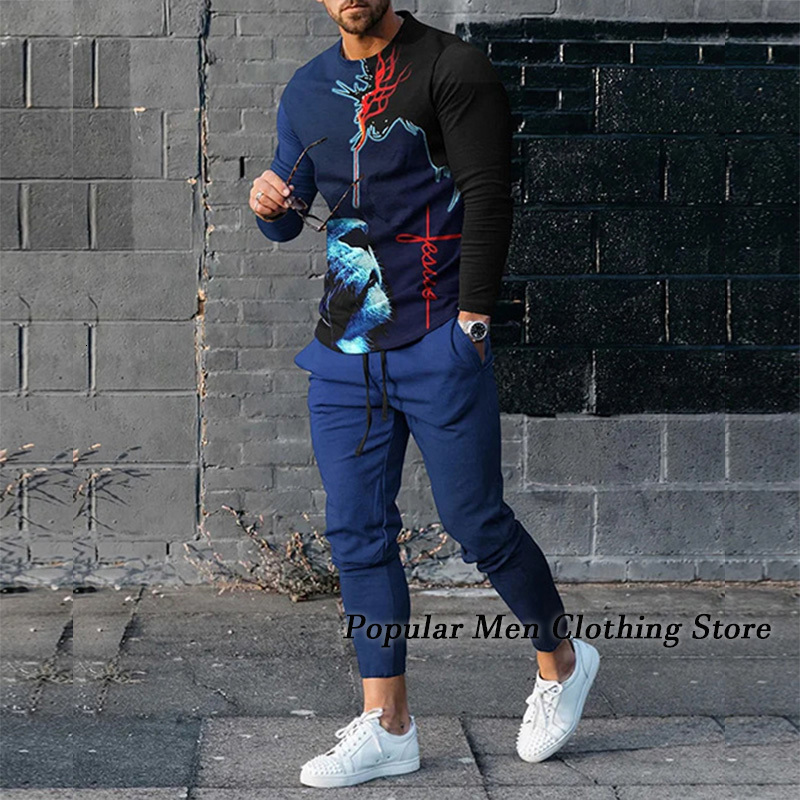 Mens Tracksuits Spring Tracksuit Set 3D Printed Solid Color Jogger Sportswear Casual Long Sleeves T shirtsLong Pants Suit Men Clothing 230920