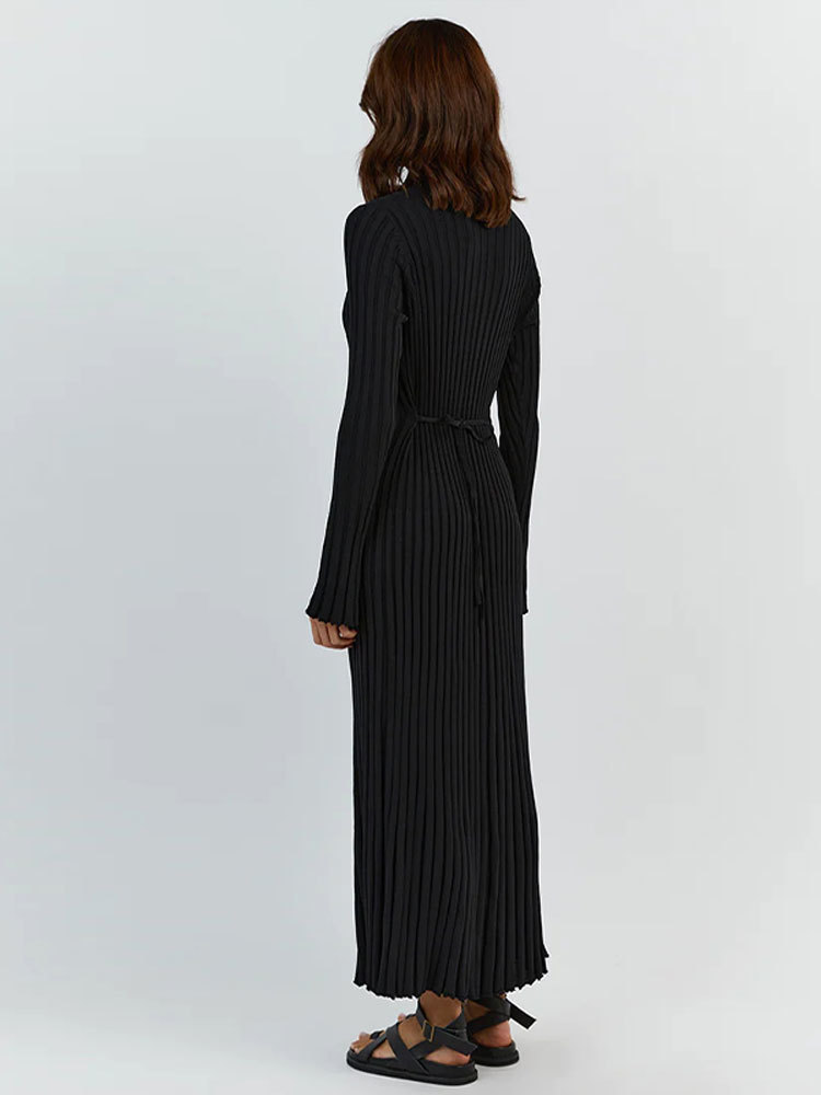Basic Casual Dresses Solid Color Round Neck Long Sleeved Knitted Dress Women Pleated Slim White Long Robes Summer Lady Office Streetwear Vestido 23092
