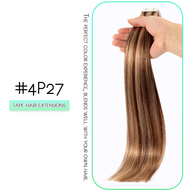 Ali Magic Tape In Hair Extensions Human Hair Color Dark Brown #4 Highlights #27 Strawberry Blonde Real Human Hair Extensions Tape In Silky Straight P4