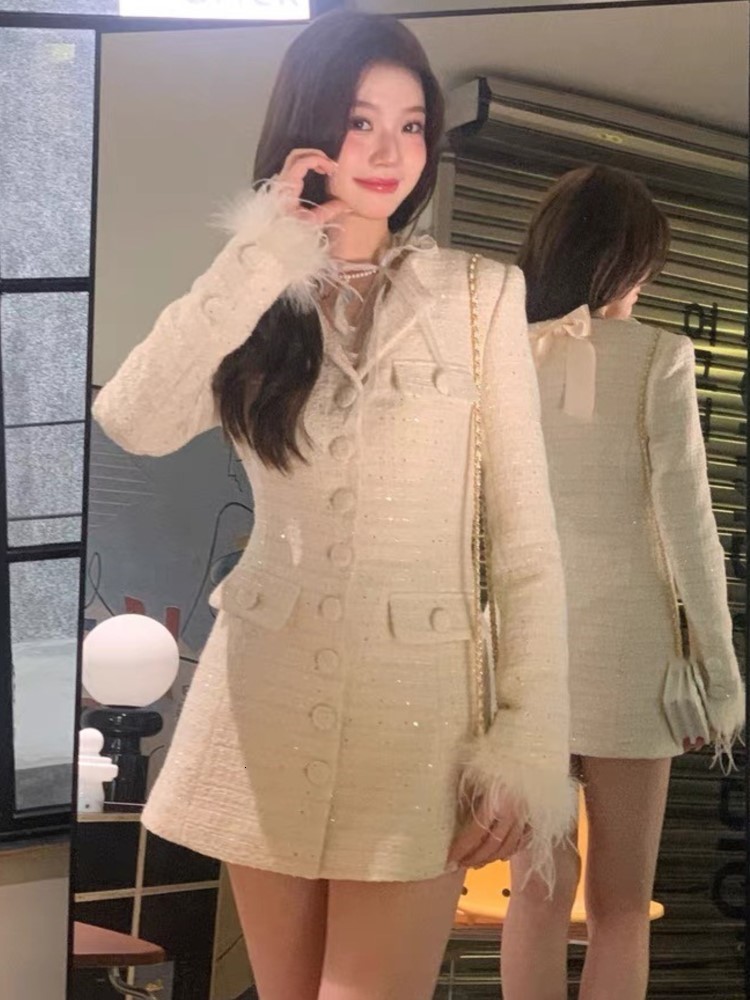 Women's Suits Blazers Elegant Solid Long Blazer Coat Women Single Breasted Vneck Autumn Winter Evening Party Dress Feathers Korean Chic Outerwear