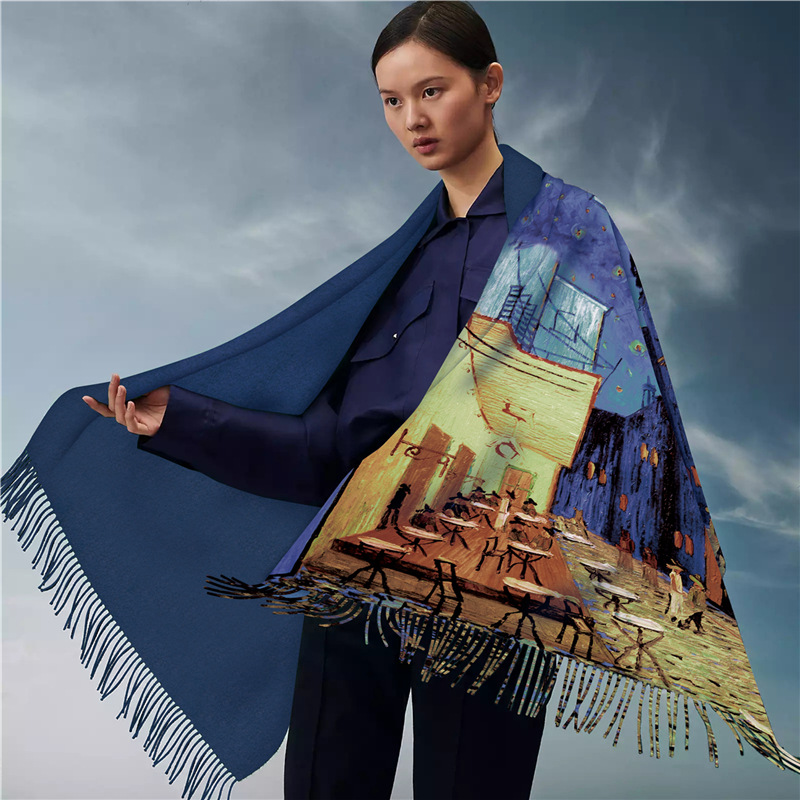0C0030 Oil Painting Style Women's Home Clothing Scarves Imitation Cashmere Warm Shawl Tassels Versatile Digital Printing Customization and Wholes