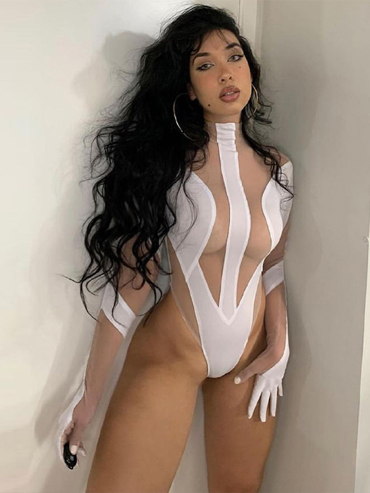 Womens Jumpsuits Rompers Transparent Mesh Patchwork Sexy Bodysuit Women ONeck Long Sleeve Body Top With Gloves Tight Fitting Woman Rave Club Outfits 2