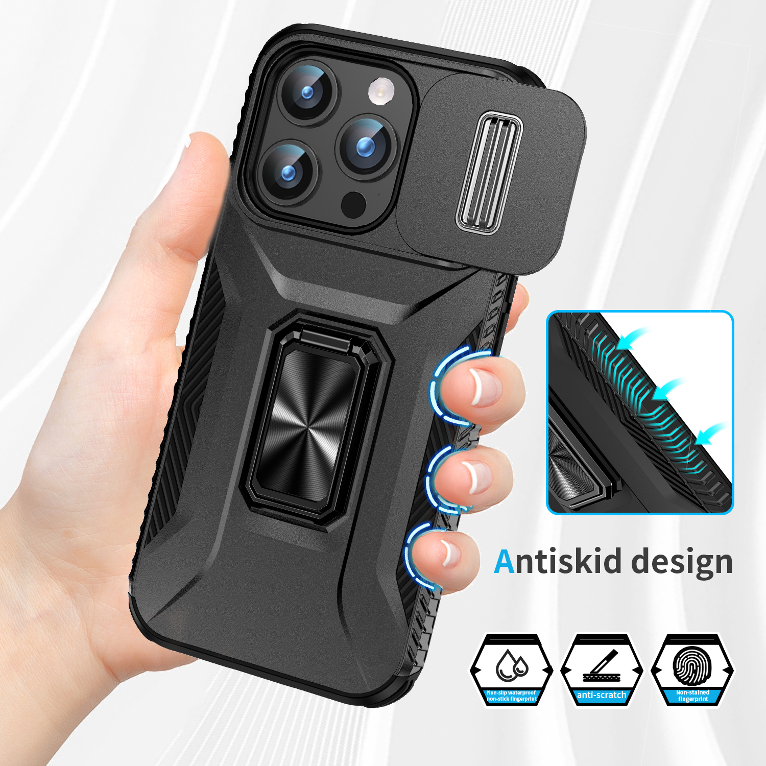 Reaper Rugged Armor Case Slide Camera Ring Stand Cover For iPhone 16e 16 15 14 13 12 11 Pro Max Samsung S25 Edge S23 FE S24 Ultra A06 A16 A26 A36 A56 