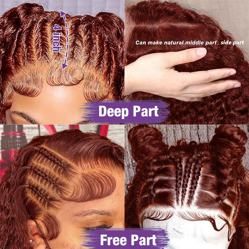 Reddish Brown Deep Wave - 40 Inch Glueless Curly Simulation Wig, 250 Density Copper Red HD Lace Frontal Human Hair Wig dh5727163