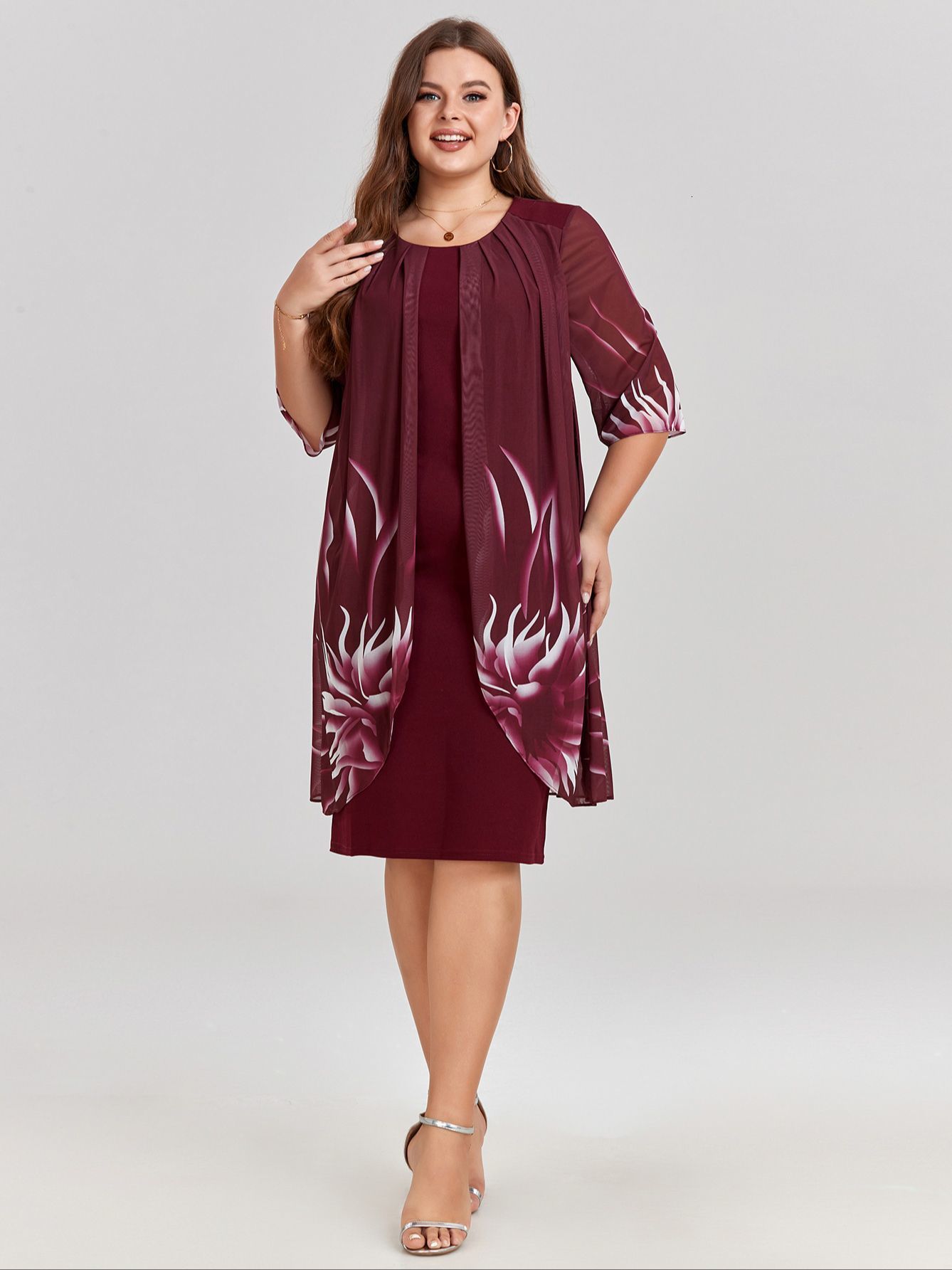 Plus size Dresses Size Dress for Women Elegant Burgundy Mesh Printed Irregular Slim 2023 Summer Casual Evening Party 2XL 3XL 4XL 230920