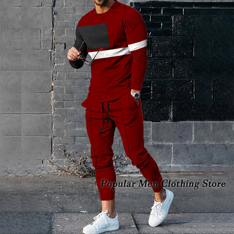 Mens Tracksuits Spring Tracksuit Set 3D Printed Solid Color Jogger Sportswear Casual Long Sleeves T shirtsLong Pants Suit Men Clothing 230920