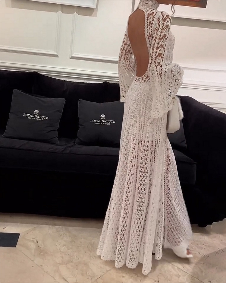 Casual Elegance: Hollow Out Turtleneck Long Sleeve Solid White Dress For Women B1